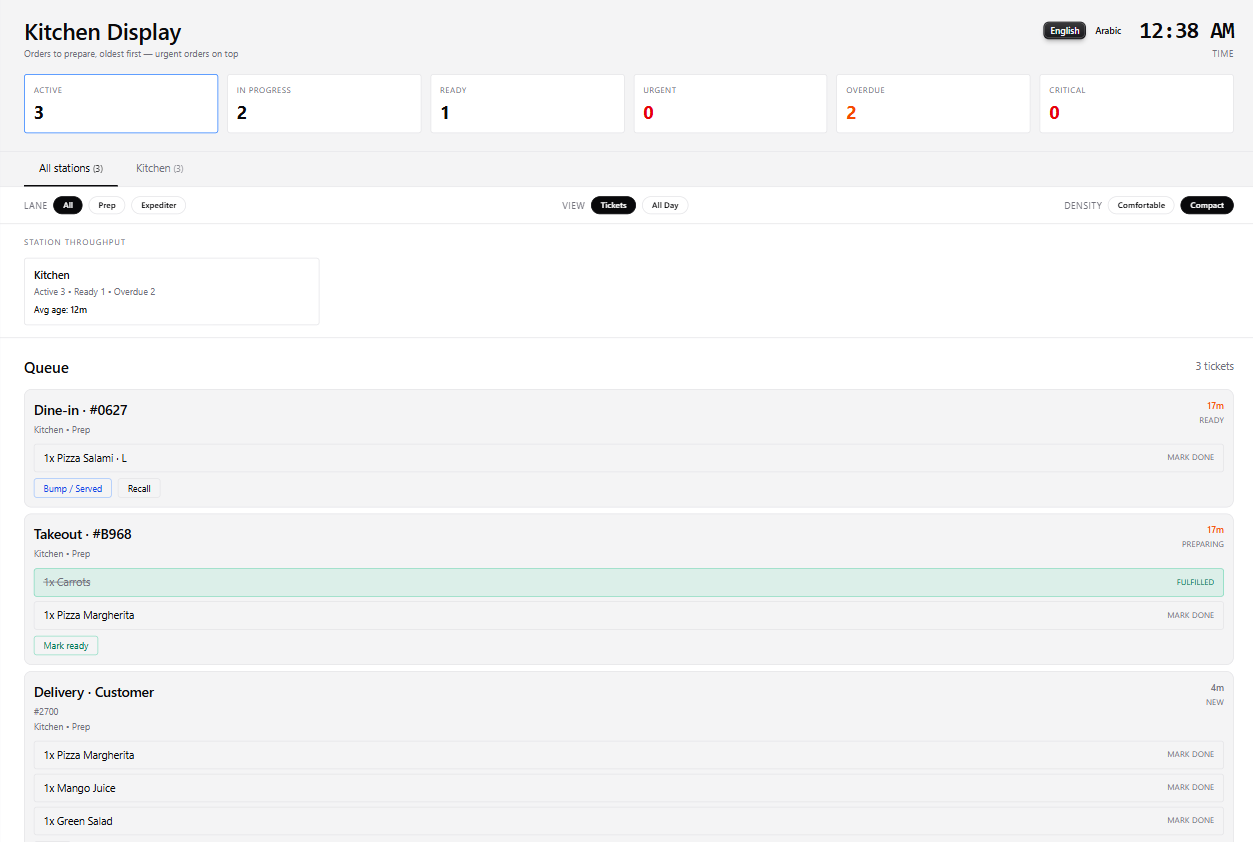 Kitchen display: dine-in, takeout and delivery tickets in one queue, each with a timer and a status